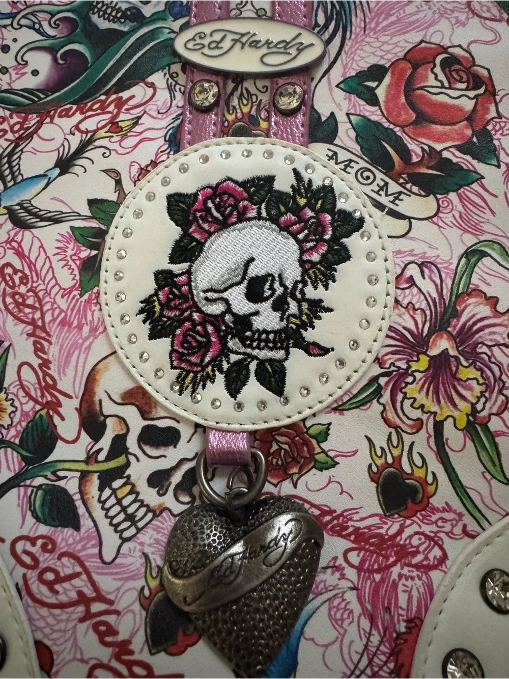 Ed Hardy White Pink Floral Skull Crossbody Bag with Black Strap (Cross Posted)